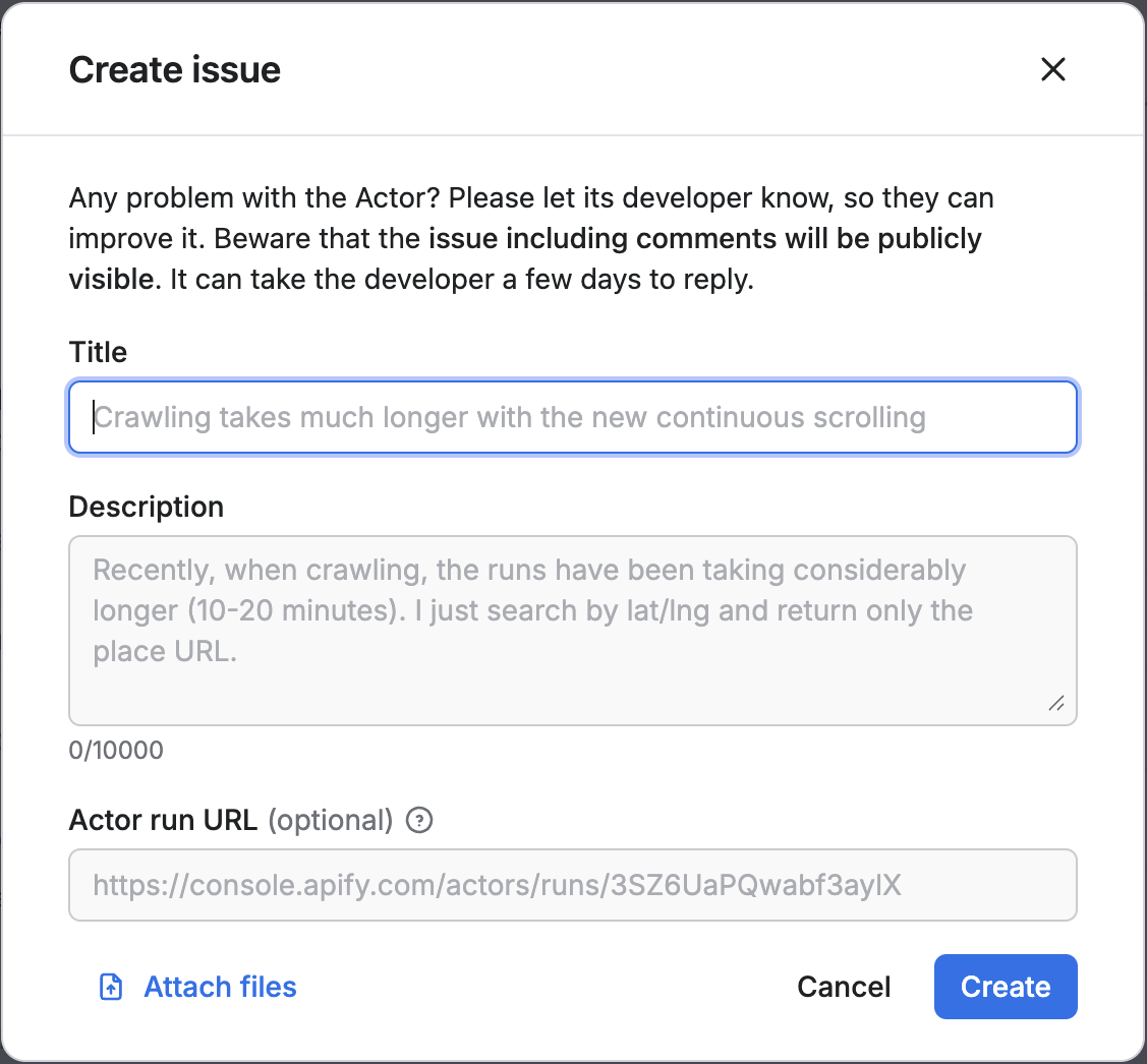 Sharing a run link in create Actor issue dialog makes it accessible to the developer automatically