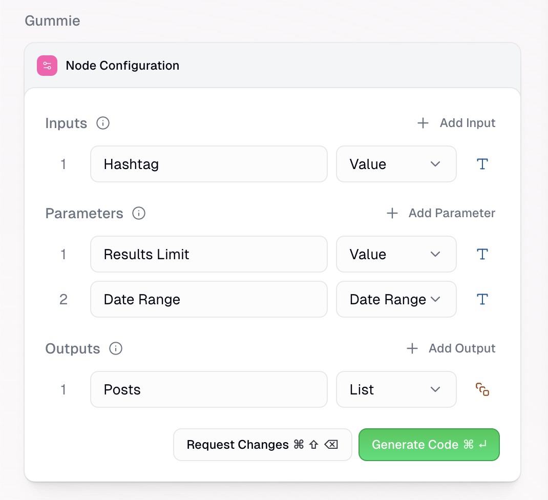 Suggested inputs, parameters, outputs