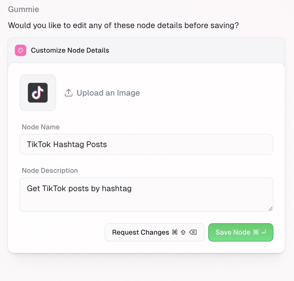 TikTok node with test values and outputs